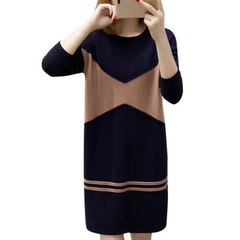 

Long Sleeve O-neck Warm Dress New Women Casual Autumn Sexy Casual Dresses Fashion Elegen Patchwork Color Midi Vestidos