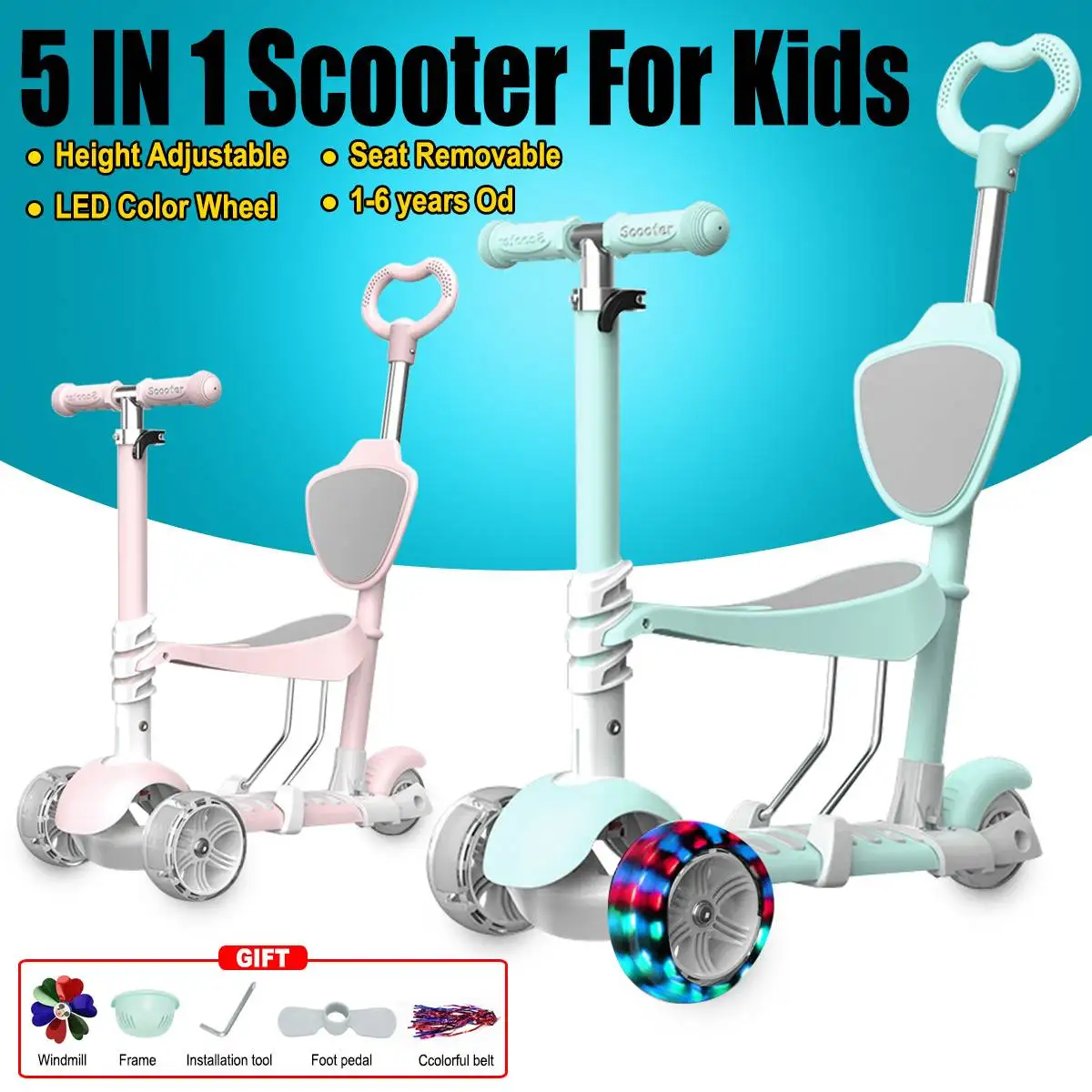 Niños tres bicicleta ruedas equilibrio Scooter 3 en 1 triciclo LED multifunción paseo coche juguete andador para niños de 3 a 6 años