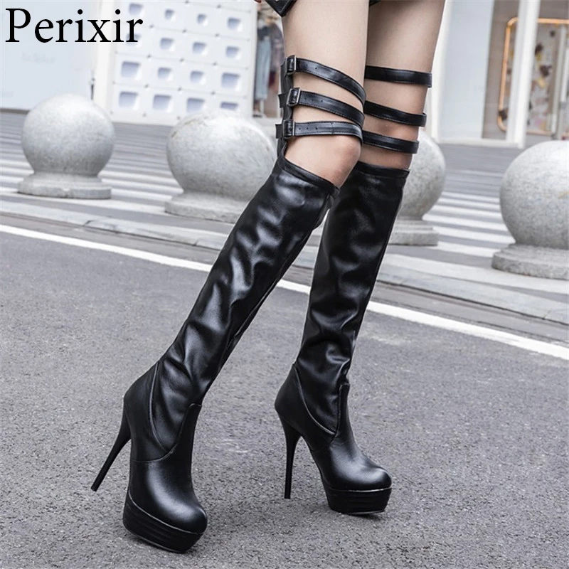 

Perixir Women Winter Sexy 13.5cm Thin High Heels Platform Party Women Shoes Round Toe Buckle Over Knee Thigh High Boots Hollow