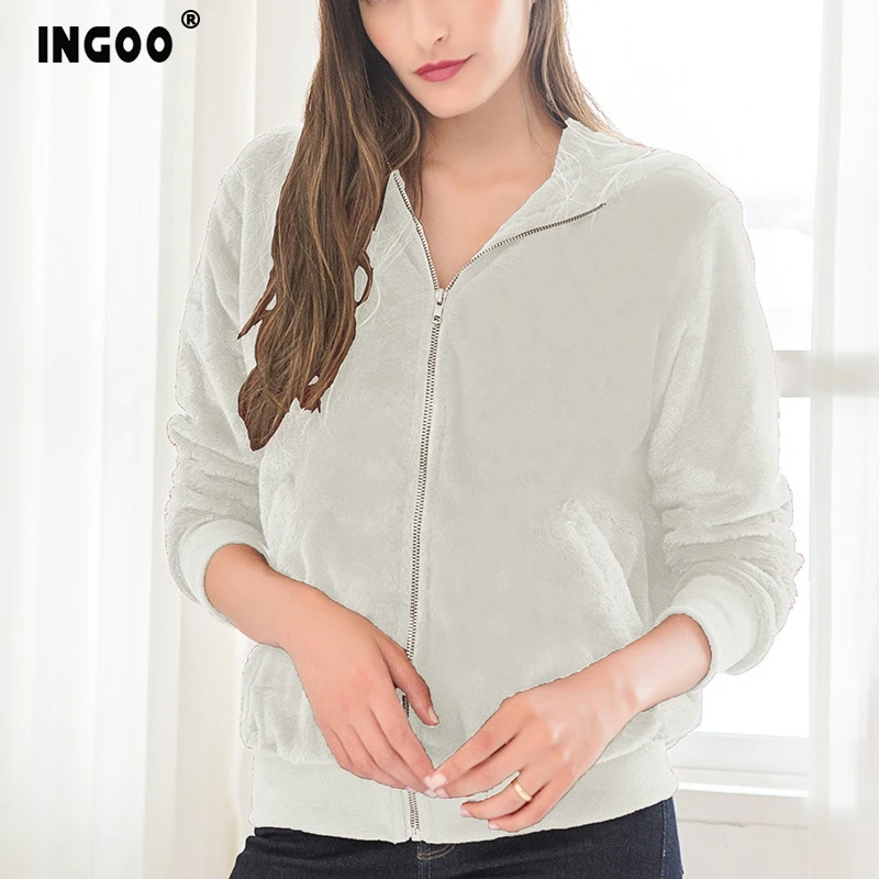 INGOO 7color осенне-зимнее пальто из искусственного меха для женщин с шапкой из искусственного меха лисы кролика карман на молнии с длинным рукавом Свободная Повседневная Женская куртка