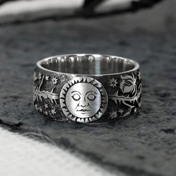 

Huitan New Vintage Metallic Style Couple Finger Rings Sun Moon Star Leaves Pattern Antique Daily Wear Women Rings Retro Jewelry