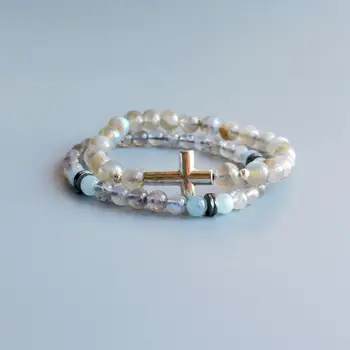 

Lii Ji Real Natural Labradorite Aquamarine Hematite S925 Sterling Silver Cross Charm Bracelet For Female Male Jewelry