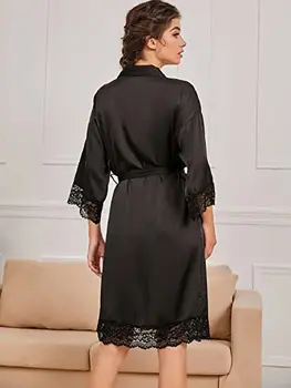 2021 جديد إمرأة السيدات ملابس خاصة الدانتيل نصف كم قمصان النوم تقليد الجليد لباس نوم من الحرير المرأة فساتين الليل مع حزام 6