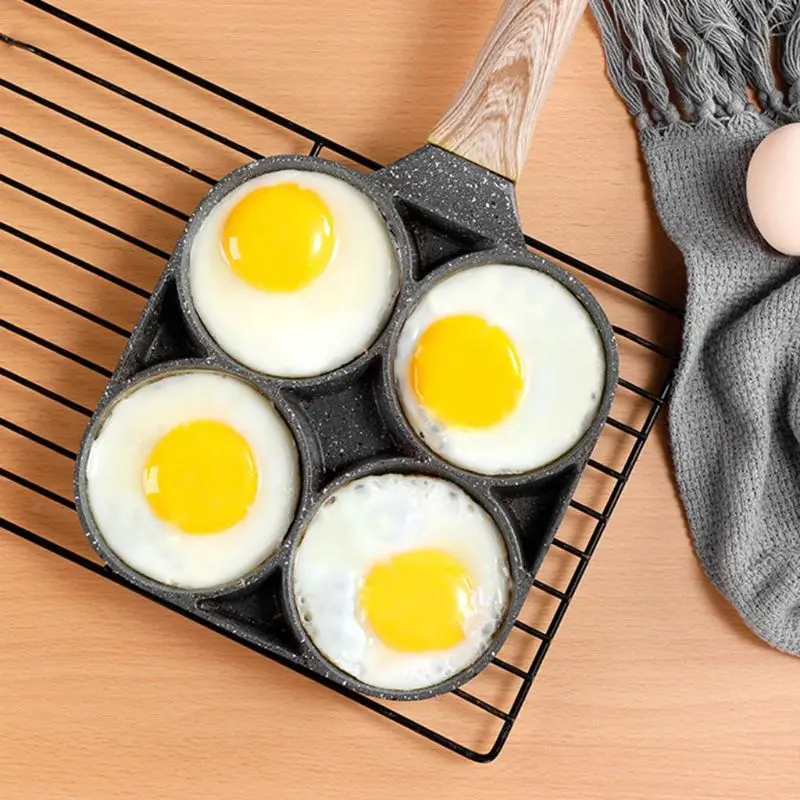 Poêle à omelette antiadhésive à 4 trous, pour hamburgers, œufs, crêpes au jambon, poignée en bois, poêle à frire, pour petit déjeuner