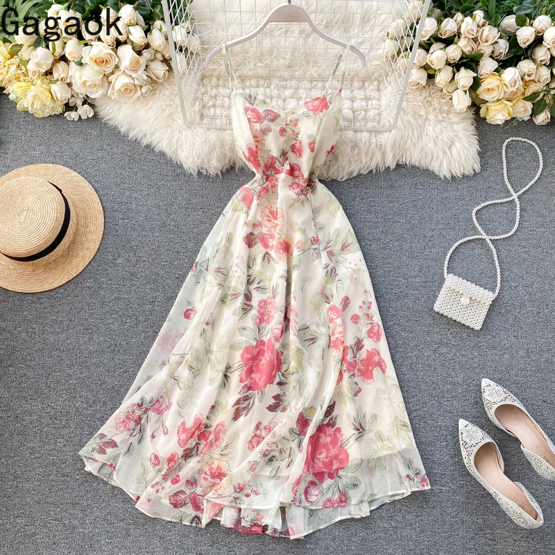 Gagaok 2020 Beach Style Women Dress Spring Autumn New V-Neck Spaghetti Strap Floral Mid-Calf Sweet Chic Female Fashion Dresses | Женская