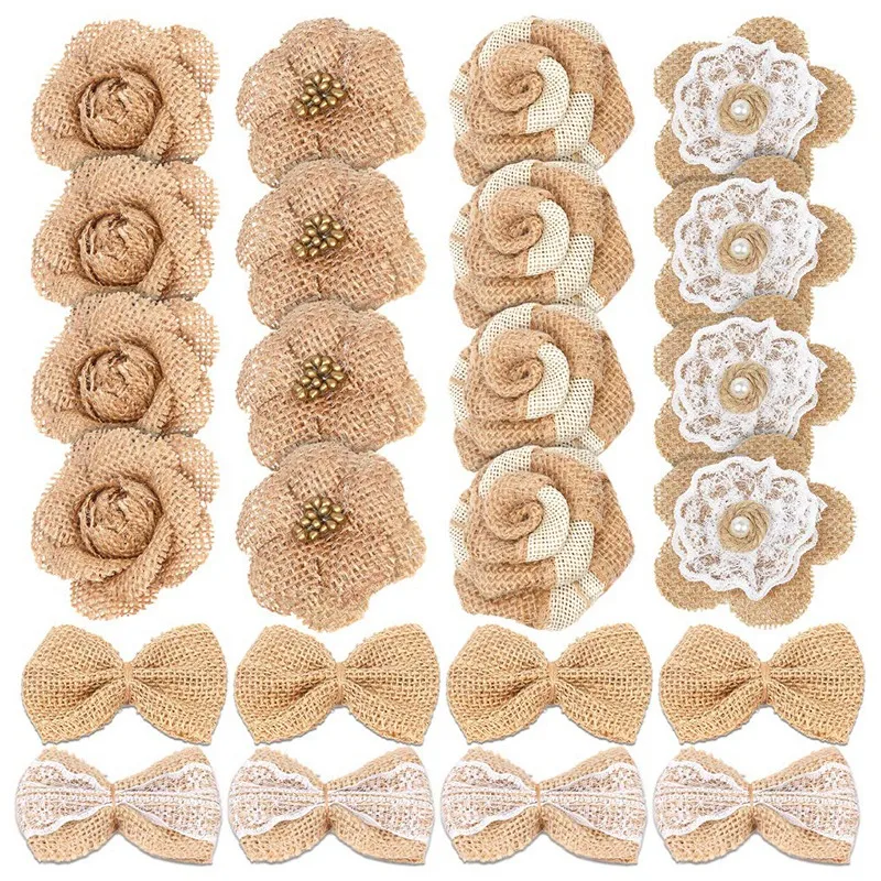 24Pcs Handmade Natural Burlap Flowers Include Rose Lace With Pearls Hibiscus | Дом и сад