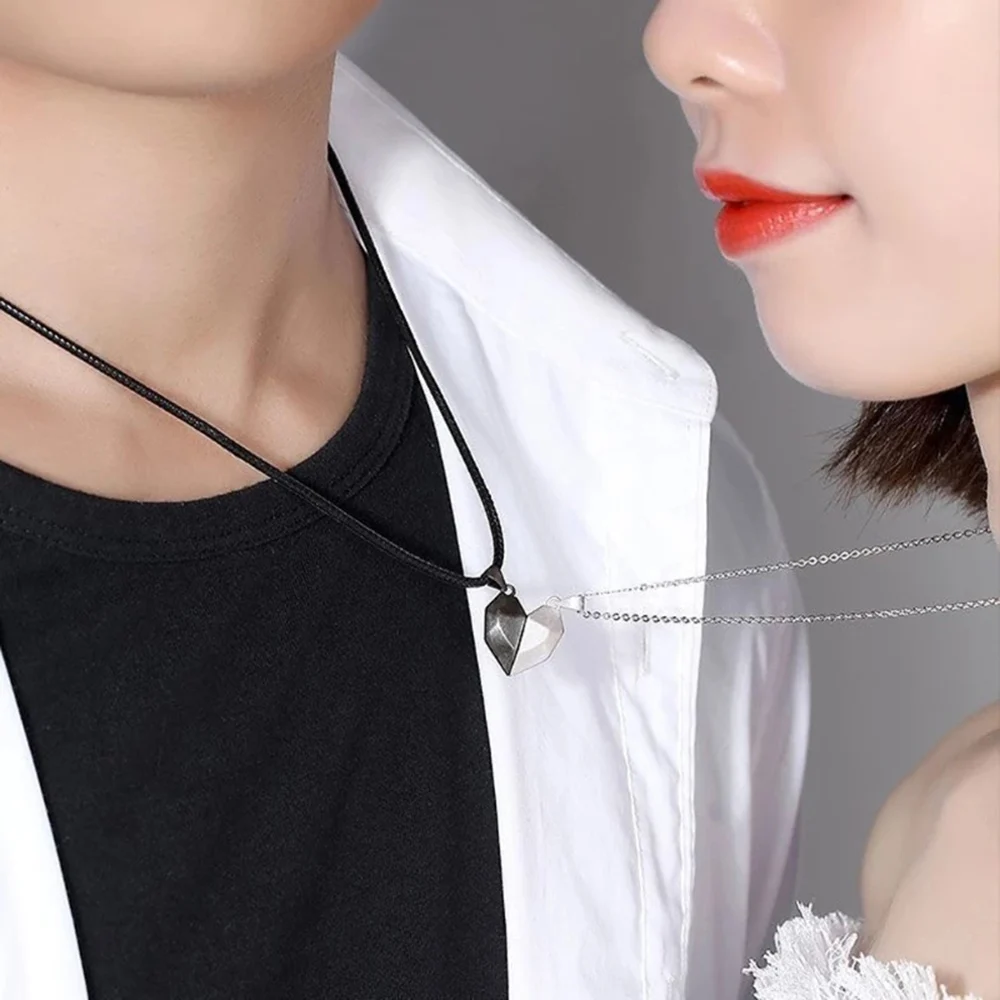 1Pair Magnetic Couple Heart Shape Necklace Gothic Punk Style For Men Jewelry Wedding Lovers Couples Valentine's Day gift Gifts