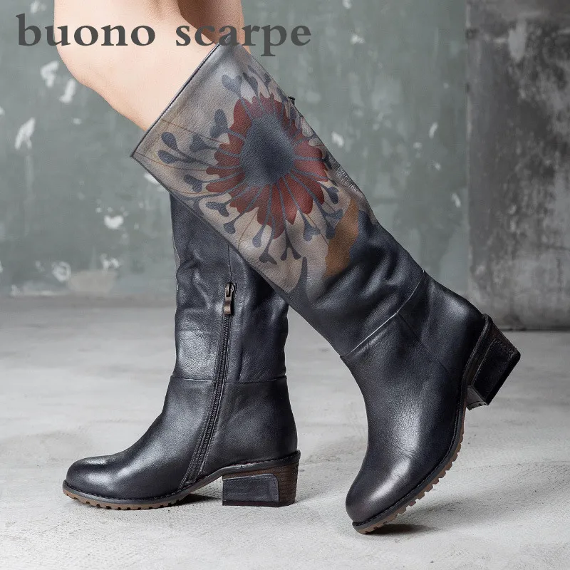 

2019 autumn and winter new retro leather boots female thick with high boots first layer leather single boots