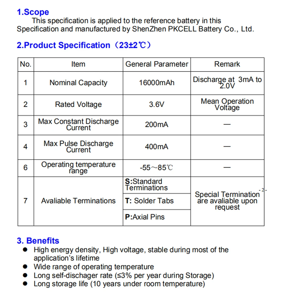 10 шт./лот PKCELL ER261020 3,6 V литиевая Батарея 16000 мА/ч, 3,6 вольт Li-SOCl2 Высокая утечка Батарея