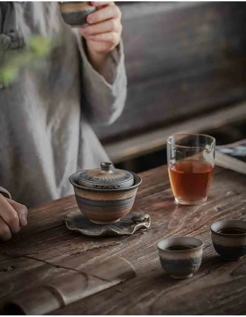 Винтажный Gaiwan керамический ржавчина глазурованный чайный набор чаша с блюдцем крышка чайный сервиз грубая Керамическая пиала Tureen для пуэр 170 мл чайная посуда для напитков
