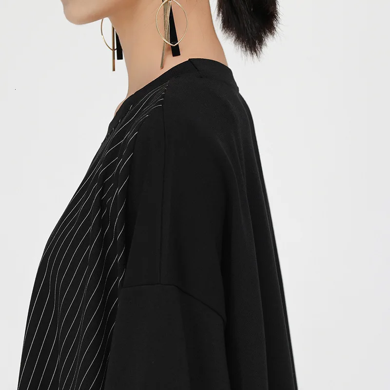 [EAM] Women Striped Split Joint Big Size Dress New Round Neck Long Sleeve Loose Fit Fashion Tide Spring Autumn 1H240