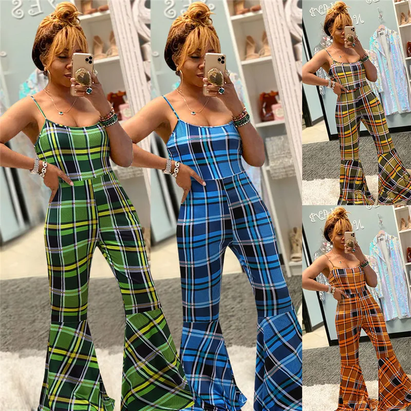 

AA Sleeveless Strap Plaid Print Jumpsuit Rompers Trousers New Sexy Women High Waist Long Pants Flared Bottoms Summer Jumpsuit