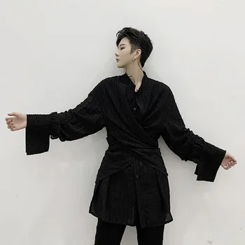 

Men 2 Pieces Splice Casual Long Sleeve Stripe Thin Shirt Male Japan Streetstyle Retro Fashion Loose Shirt Stage Clothing
