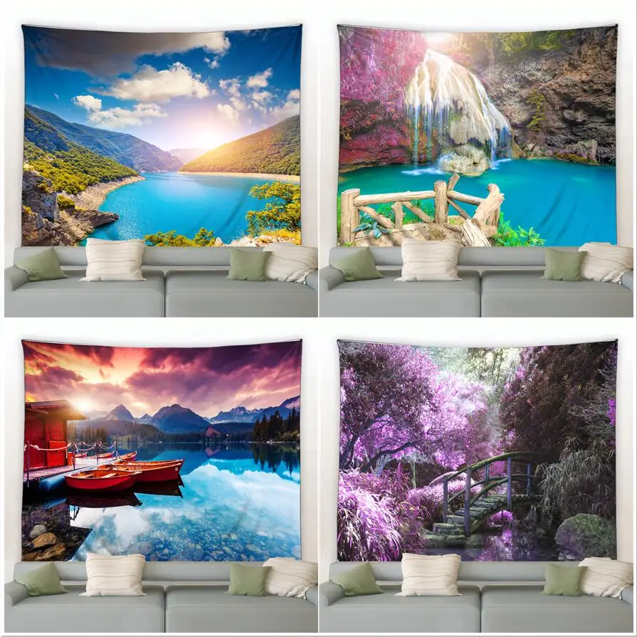 3D Natural Landscape Tapestry Mountain Water Waterfall Forest Scenery Arazzi Soggiorno Moderno Home Dorm Wall Hanging Decor
