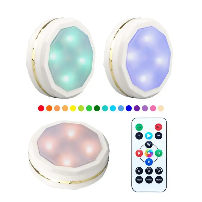 3pcs Led Light Wardrobe Round Night Lamp Dimming Remote Control Cabinet Warm RGB Color For Bedroom Closet | Освещение