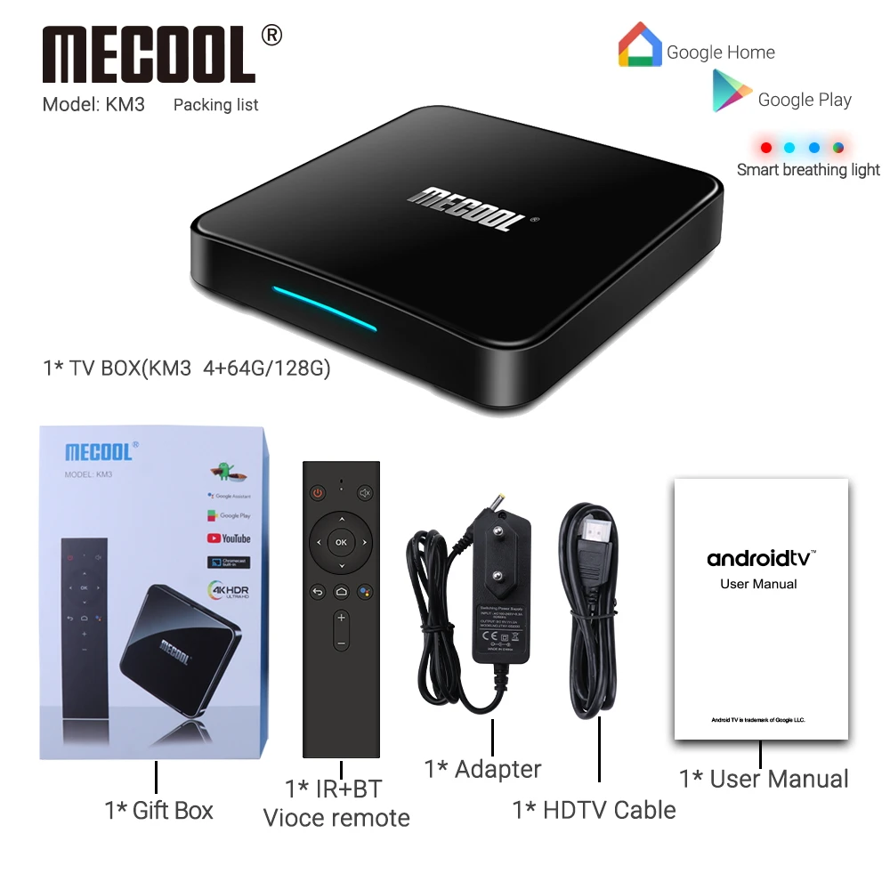 ТВ приставка MECOOL KM3 Android 10 0 4 Гб DDR4 64 ПЗУ голосовое управление Смарт Amlogic S905X2 2 4G 5G Wi Fi