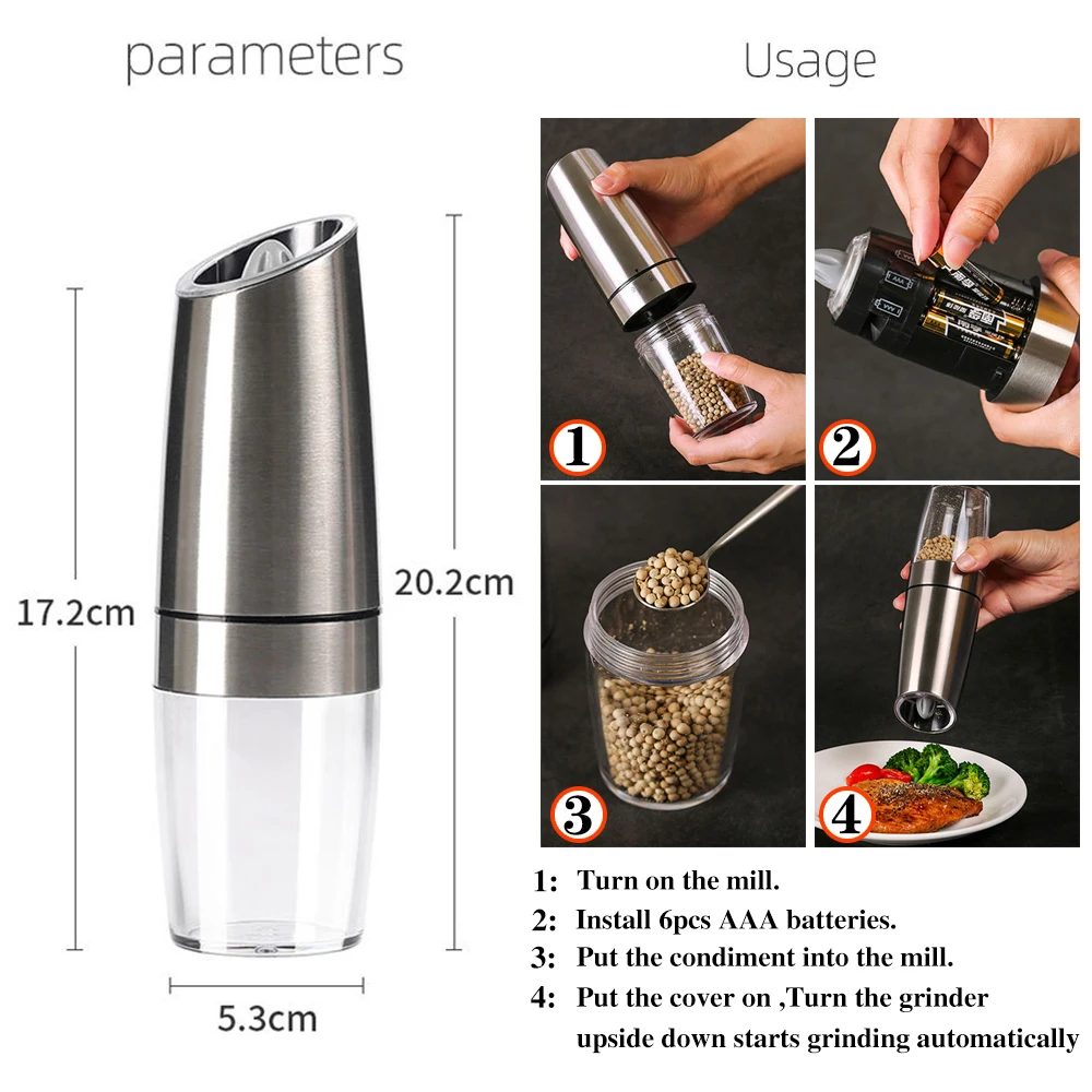 Electric Automatic Mill Pepper and Salt Grinder LED Light Peper Spice Grain  Mills Porcelain Grinding Core Mill Kitchen Tools