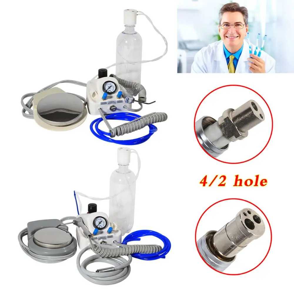 Unidad de turbina de aire portátil de 2 orificios y 4 orificios, jeringa de Control de aire, 3 botellas de agua, interruptor de pie, funciona con compresor, equipo Dental, dientes