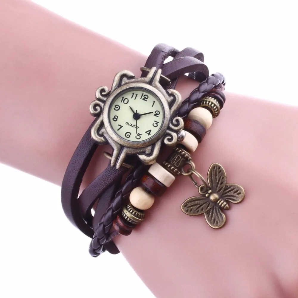 Leather Bracelet Watch Women Charm Leaf Ethnic Geneva Style Bracelets&Bangles Vintage Lady Jewelry Cheap Gift