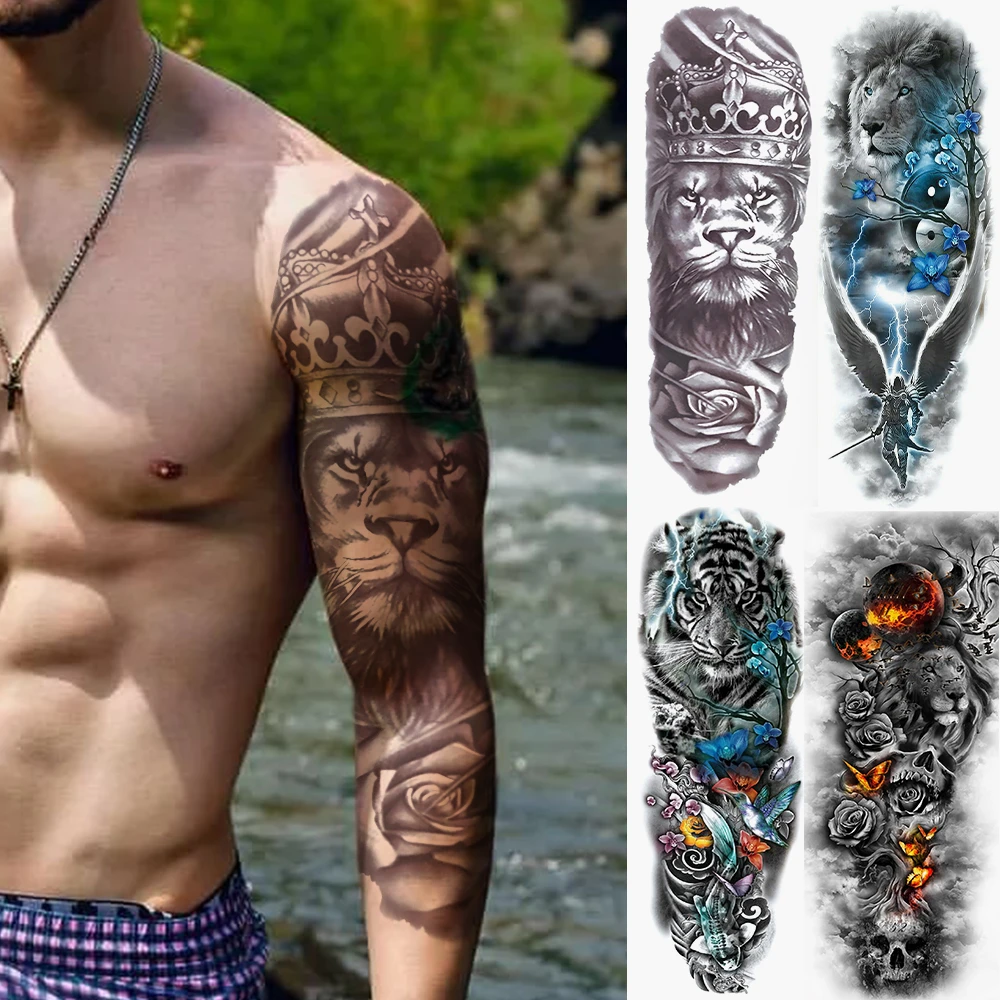 Diy Black Lion King Temporary Fake Tattoos Sleeves For Men Women Adult Tiger Butterfly Rose Full Arm Tattoo Sticker Arm Tatoos Temporary Tattoos Aliexpress