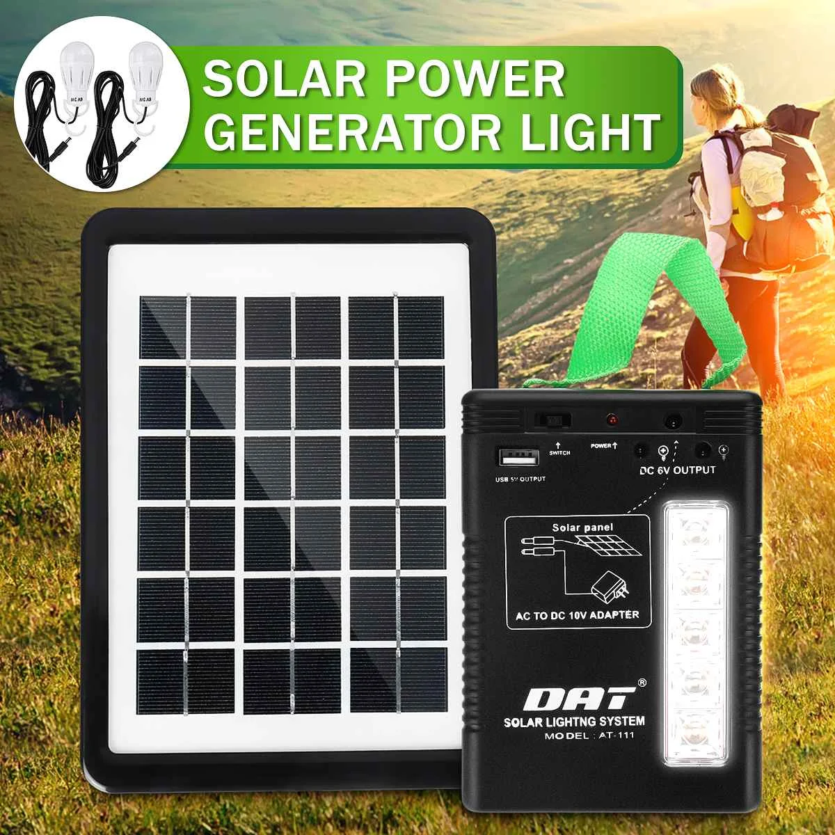 

100-240V Solar Power Generator USB Charging Solar Panel Storage Generators Household Power Generation System 2 Bulbs with Cable