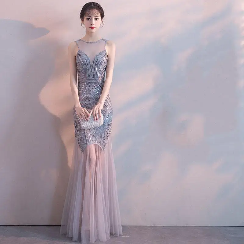 Барышня кружева Pacthwork китайское платье элегантный тонкий Cheongsam Bling Sequins Qipao черный круглый воротник благородный халат De Soiree - Цвет: grey long