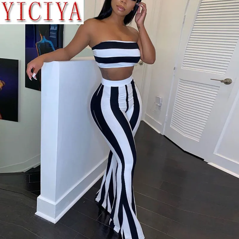 

2020 summer Women Two Piece set Outfits Sexy Club Festival Clothing Striped Crop Top and Flare Pants Matching Suit matching
