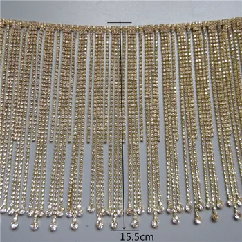 

1yard 15.5cm wide Glitter Gold Glass Rhinestone Chain Tassel Fringe Metal Strass Trim Banding Crystal Applique for Decoration
