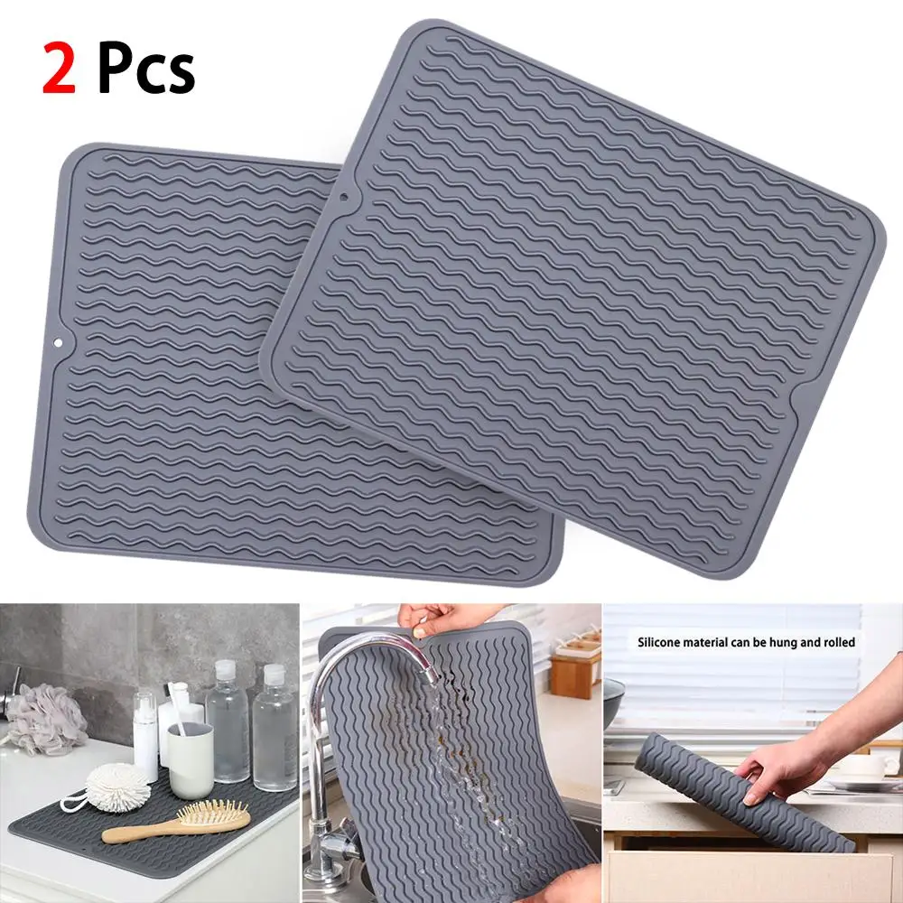 

2pcs Pad Table Tray Non-Slip Heat Resistant Home Silicone Kitchen Utensils Thickened Rectangle Drying Dishes Drain Mat Foldable
