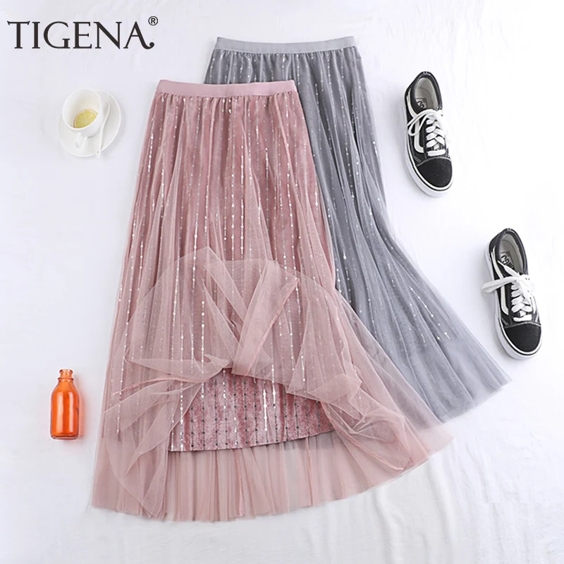 Женская плиссированная длинная юбка из бархата и тюля TIGENA, юбка макси с блестками для женщин на осень-зиму