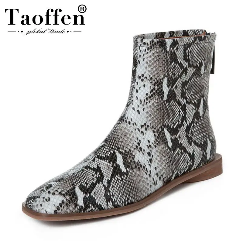 

Taoffen Ladies Ankle Spring Autumn Boots Real Leather Shoes Square Toe Flat Snakeskin Pattern Footwear Size 33-43