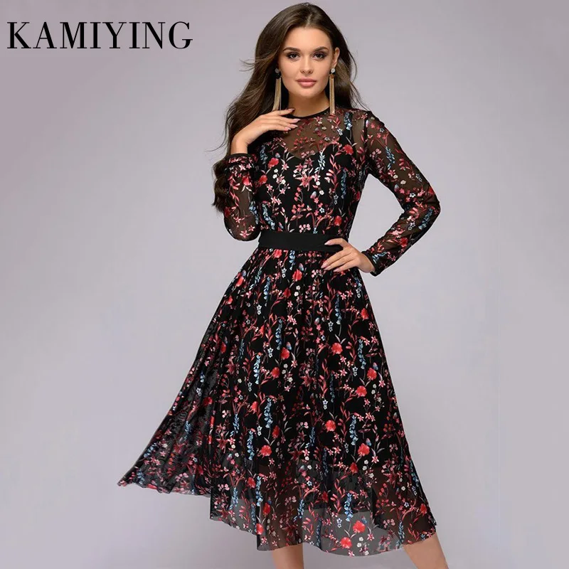 

2019 new arrived fashion women's Digital Printed Long Sleeve Thin Dresses Autumn Floral Embroidery Dress Vestidos