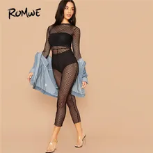 ROMWE Sheer Fishnet Mesh Skinny Sexy Jumpsuit Without Lingerie Round Neck Long Sleeve Jumpsuits For Women 2019 Black Jumpsuit
