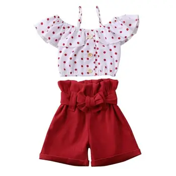 

Summer Kids Baby Girls T-shirt Off Shoulder Dot Print Tops + Shorts Outfits Toddler Girl Clothes Children Set roupa infantil