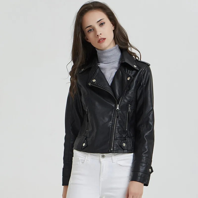 new Leather Jacket Women female short section Slim leather PU washed Leather Coat fashion temperament Biker Jacket women