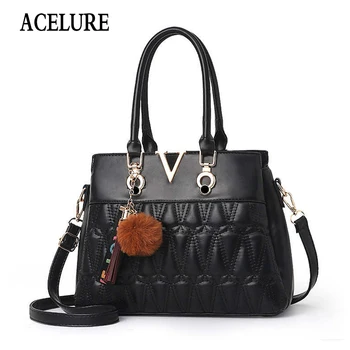 

ACELURE Fur Ball Pendant Pink Black Red PU Leather Elegant Ladies Handbags Shopping Purse Solid All-match Fashion Shoulder Bags