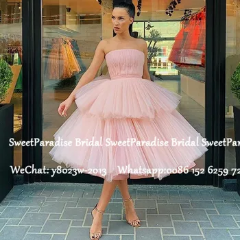 

Pink Tulle Tea Length Prom Dresses 2020 Puffy Tiered A Line Strapless Formal Evening Dress Party For Women Vestido De Festa