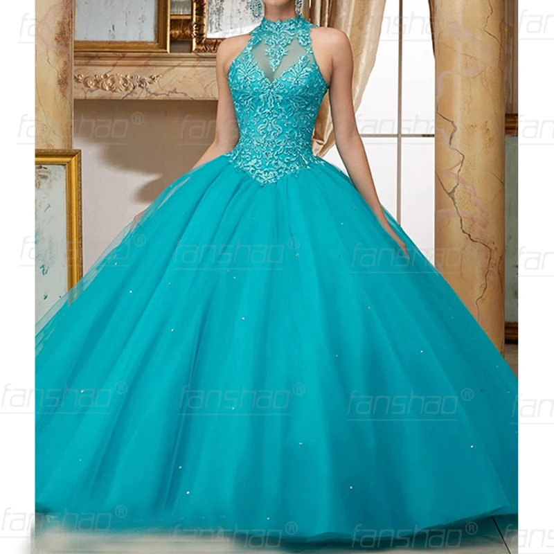 Fanshao Blue Quinceanera Dresses High Neck Crystal Appliques Lace Pearls Cut-Out For 15 Girls Party Gowns Hot Sell Design Fanshao Blue Quinceanera Dresses High Neck Crystal Appliques Lace Pearls Cut-Out For 15 Girls Party Gowns Hot Sell Design