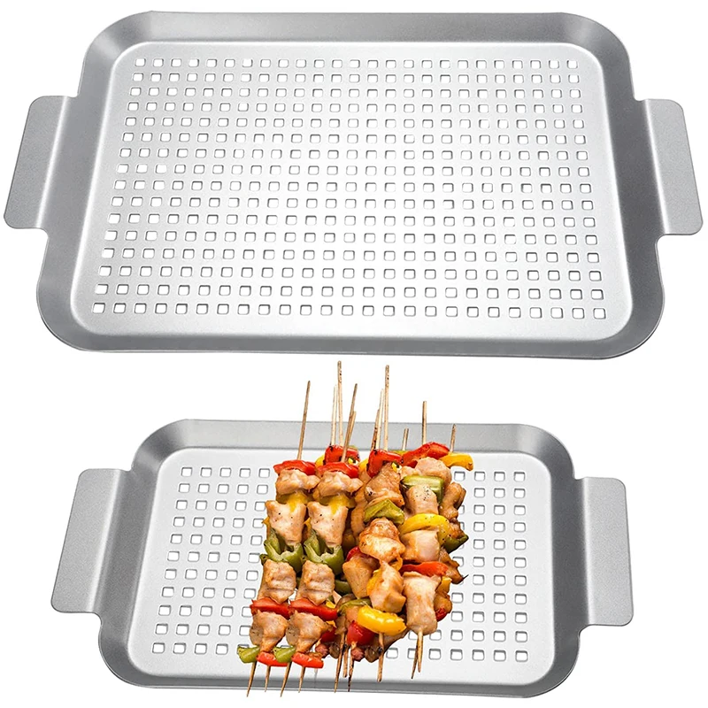 

Grill Basket Set of 2 Nonstick Grilling Tray Durable Grill Pans with Holes for Outdoor Small and Big Topper Baskets BBQ Tool