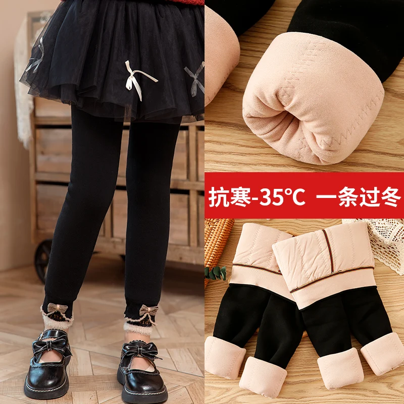 

Girls Silk velvet filling cotton warm leggings winter bright silk bowknot cute baby children pants Extra thick warmth trousers