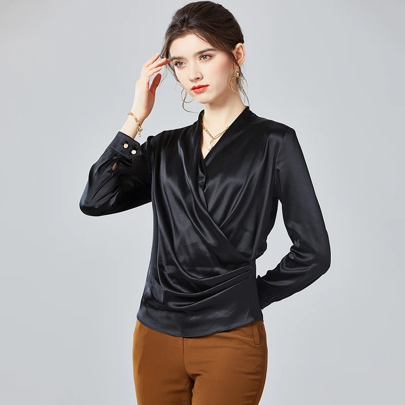 New  Heavy silk white shirt female spring 2020 ?100% Pure Silk Women's Shirts Sexy V Neck Long Sleeves Criss Cross Elegant Fashion Blouse Shirt Top