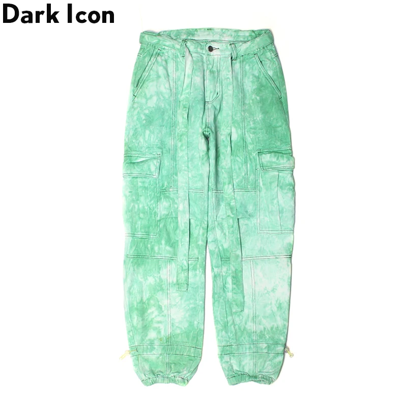 Dark Icon Tie Dyeing Jeans Men Side Pockets Cargo Pants Jogging Pants with Waist Band Fashion Streetwear Men's Trousers