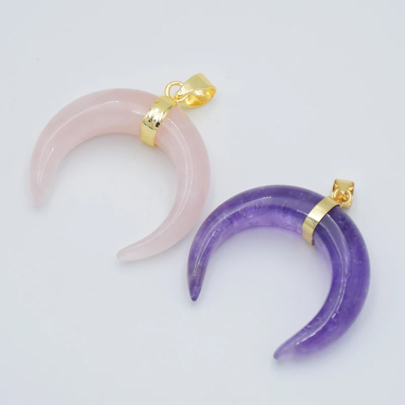 Natural Stone Crystal Crescent Moon Pendants Necklaces Tiger Eye Pink Quartzs Gold Color Reiki Healing Women Men Charm Jewelry - Image 4