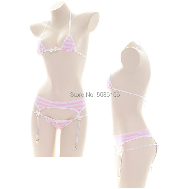 Lingerie sexy giapponese Lolita Kawaii Blu Rosa Bianco a strisce Mini bikini Cosplay per adulti Costumi erotici Reggiseno da donna_voghion.com
