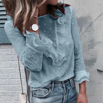 

Chiffon Polka Dot Women's Blouse Fashion Solid O-neck Petal Sleeve Tops Female 2020 Spring Summer Casual Ladies Blouses 2XL