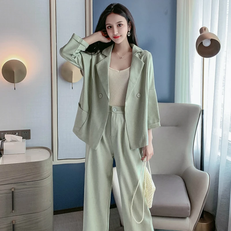 

2020 Autumn Women's Pants Suit New Seven-Quarter Sleeve Suit Jacket + Trousers Suit Office Ladies Slim 2 Piece Set Feminino