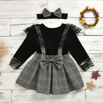 

2020 newest kids baby girls lace ruched long sleeve tops blouses bow bib plaid skirts headbands toddler clothing set 3pcs 12M-5Y