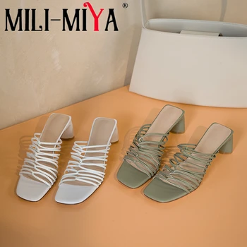 

MILI-MIYA Fashion Design Women Microfiber Sandals Slip-On Square Heels Square Toe Solid Color Dress Party Summer Shoes For Lady
