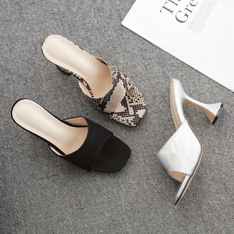 

Shoes Women Fashion Strange Heels Slippers Summer Slip on Slides Sanke Prints Shallow Sandals Black Silver Plus Size High Heels