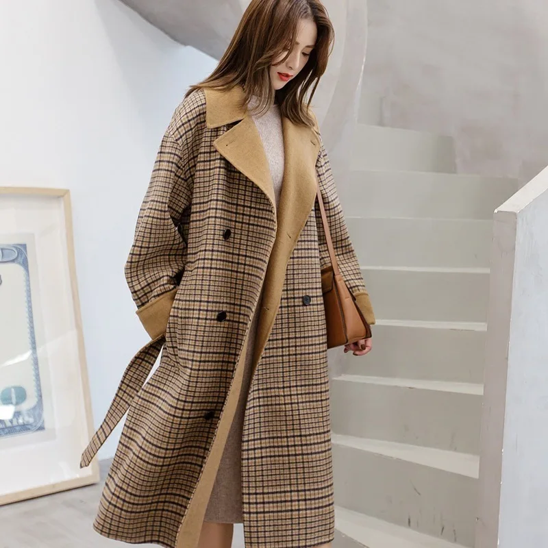 

TVVOVVIN Lattice Lapel Belt Double-breasted Loose Plus Woman Woolen Coat Casual Simple Fashion 2019 Autumn Winter New D434